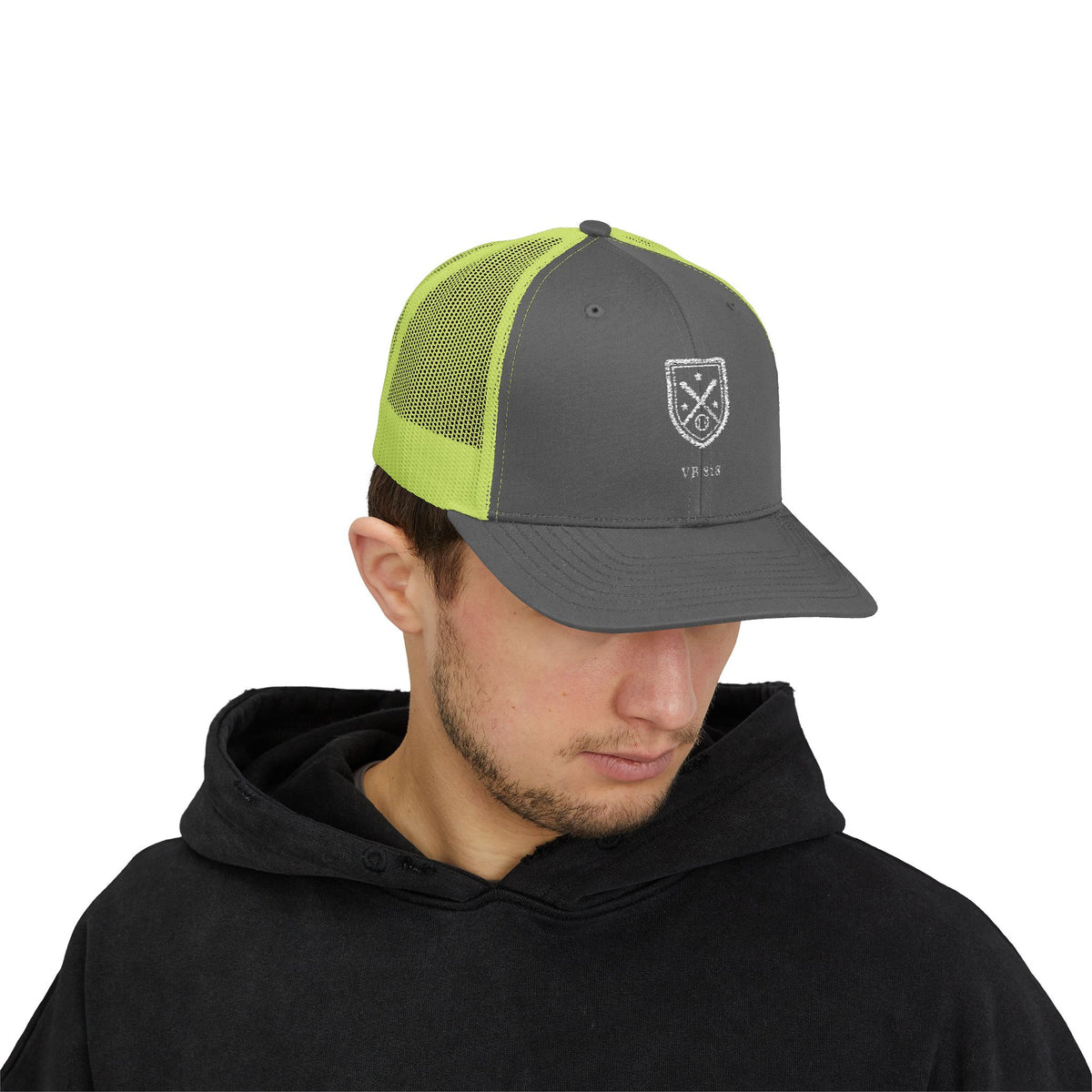Valley Ball 818 charcoal neon green trucker hat worn front view