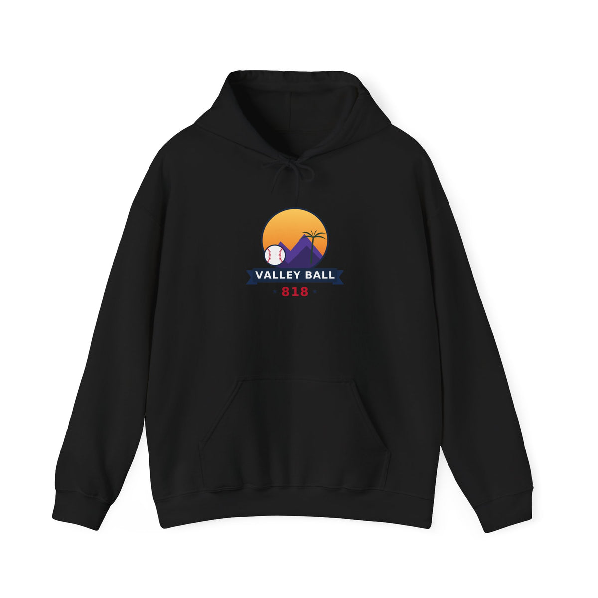 Valley Ball 818 Parent Baseball Hoodie in black with the sunset mountain logo
