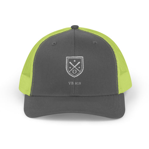 Valley Ball 818 charcoal neon green trucker hat front with VB 818 crest