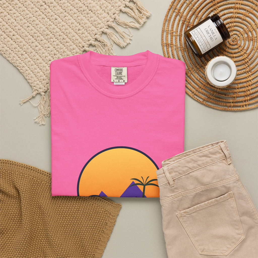 Valley Ball 818 Neon Women's Tee in pink, styled flat lay