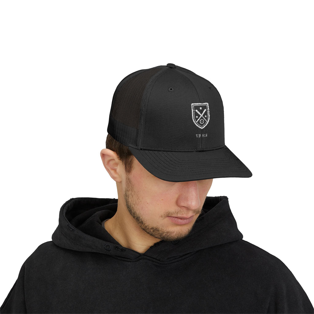 Valley Ball 818 black trucker hat worn front view