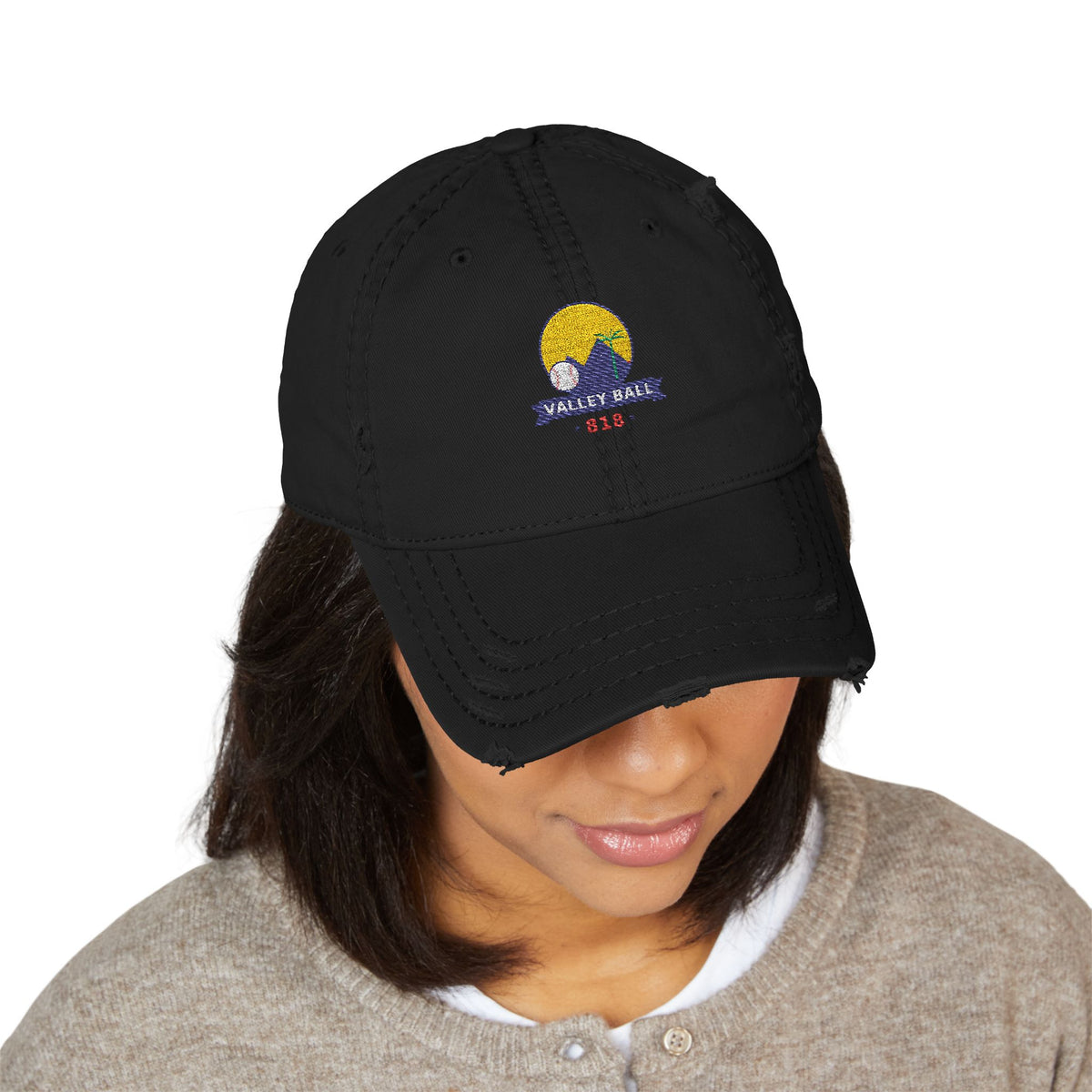 Valley Ball 818 Baseball Dad Hat in black, worn