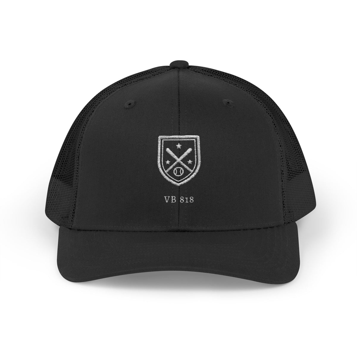 Valley Ball 818 black trucker hat front with VB 818 crest