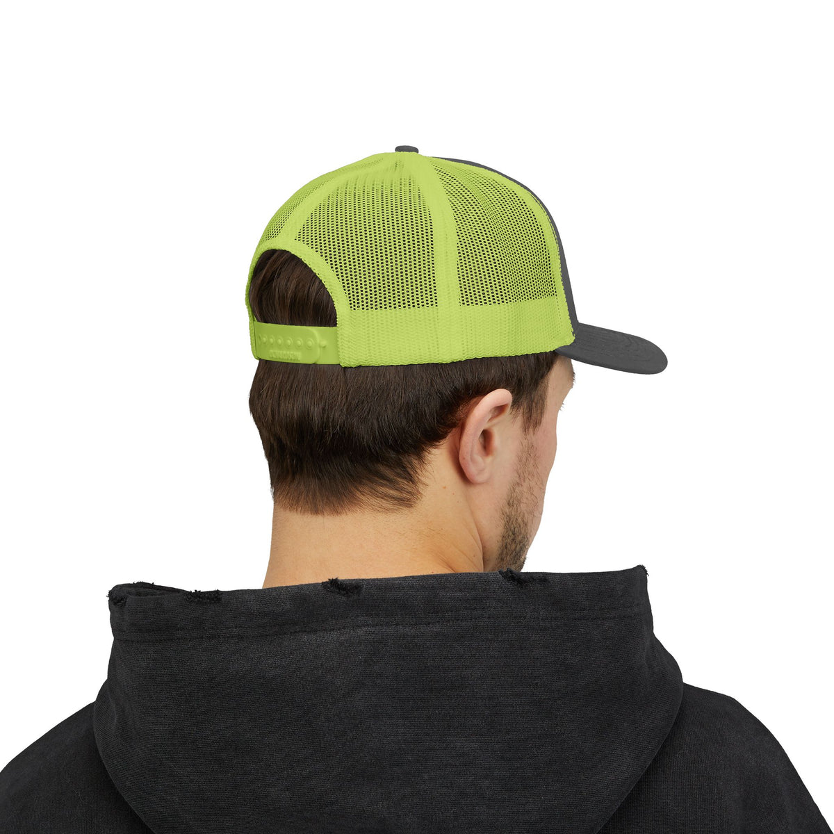 Valley Ball 818 charcoal neon green trucker hat worn back view