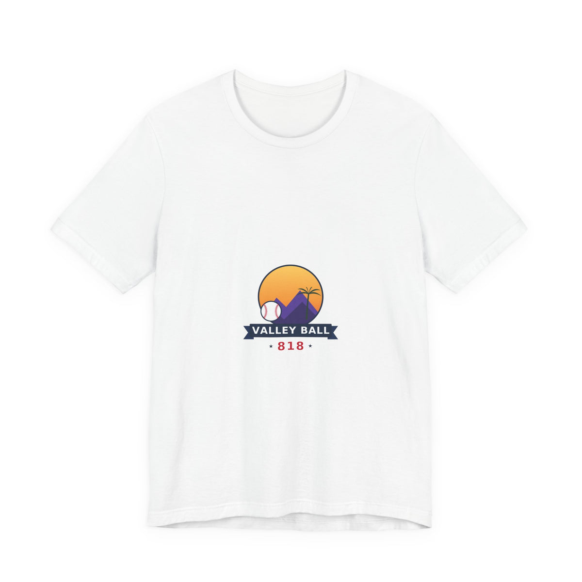 Valley Ball 818 Parent Baseball Tee in white with the sunset mountain logo