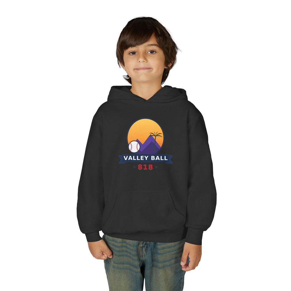 Valley Ball 818 Youth Baseball Hoodie worn by a young player