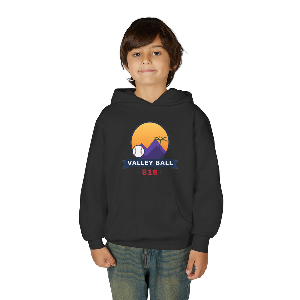 Valley Ball 818 Youth Baseball Hoodie worn by a young player