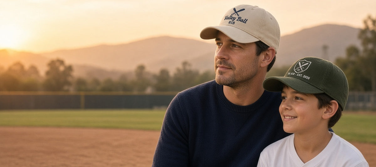 Valley Ball 818 cream dad hat and forest corduroy cap on a dad and kid