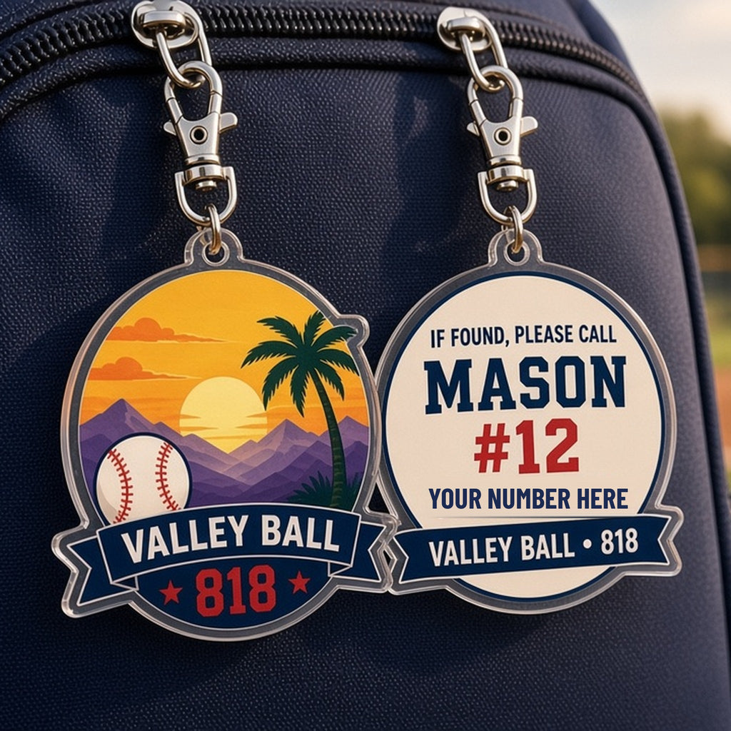 Valley Ball 818 lost and found keychain front and personalized back on a kids bat bag