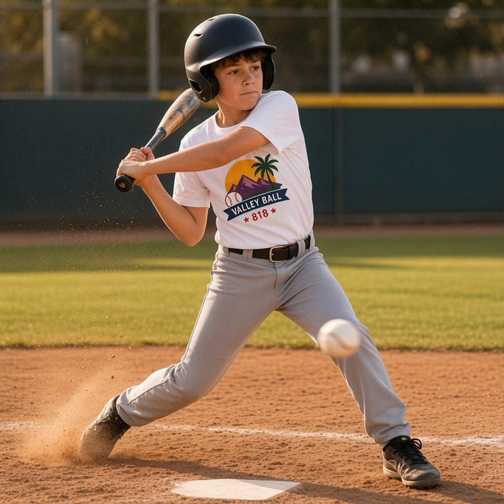 Valley Ball 818 youth baseball tee on a kid at the plate