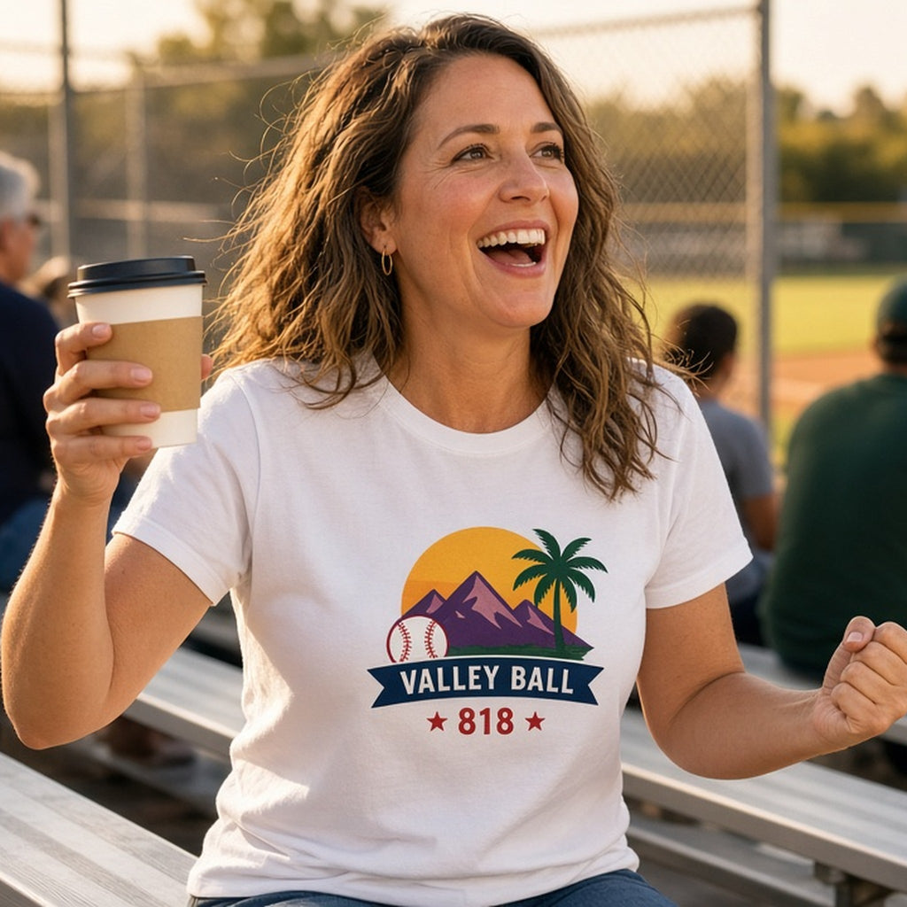 Valley Ball 818 parent baseball tee in the stands