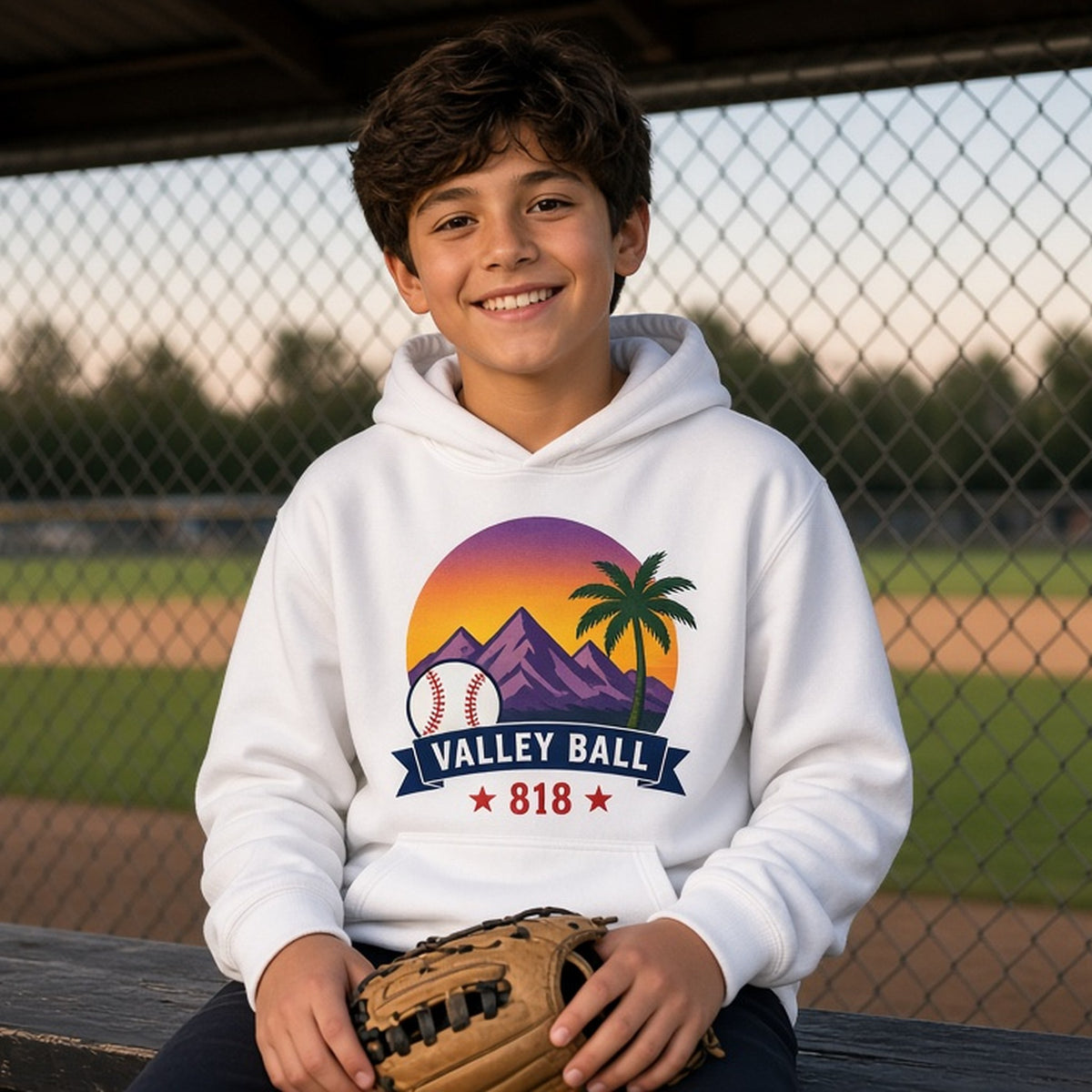 Valley Ball 818 youth hoodie on a kid in the dugout