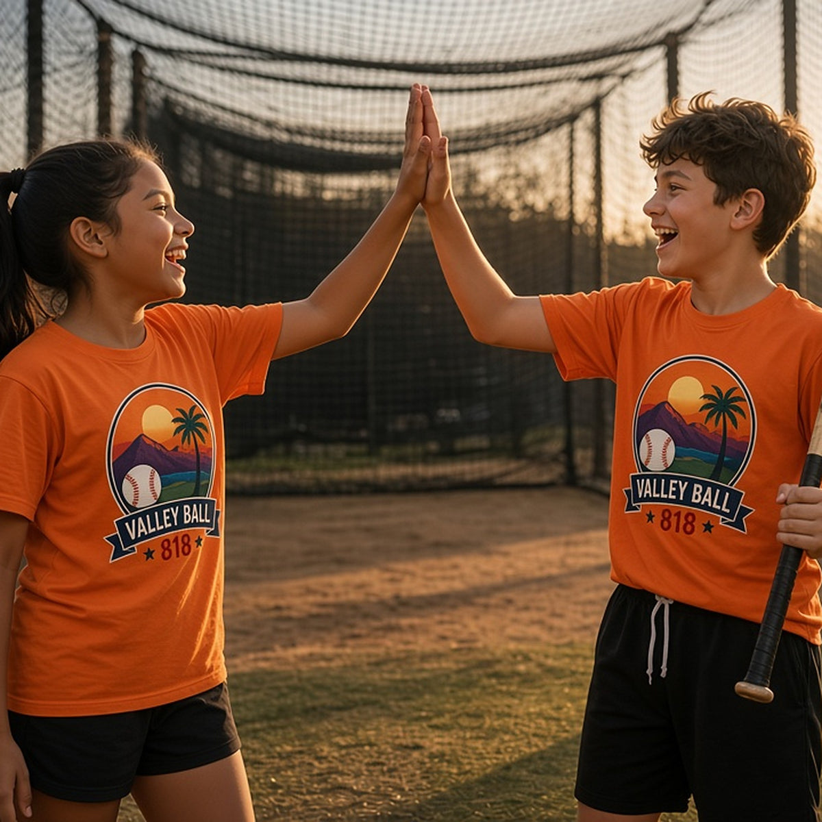 Valley Ball 818 neon youth tee girl and boy high five at the batting cage