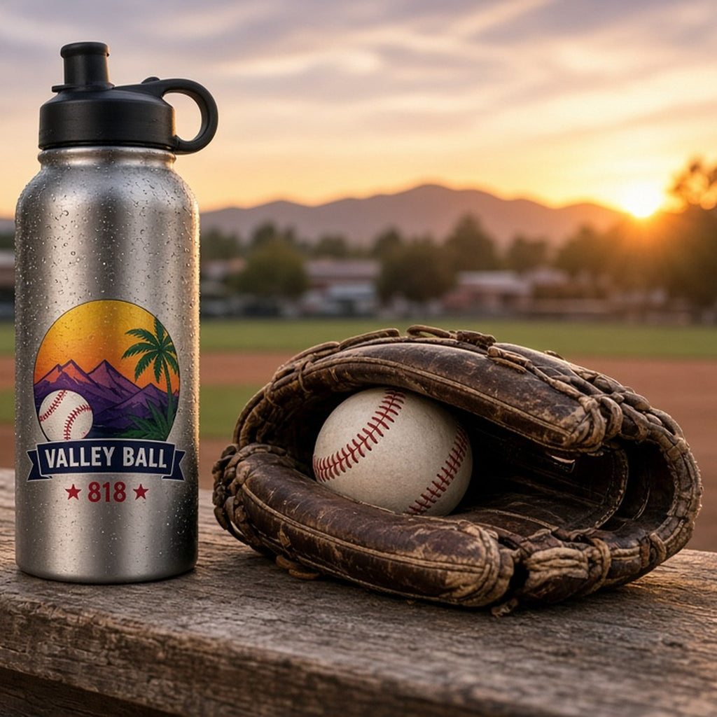Valley Ball 818 straw water bottle with a glove at sunset